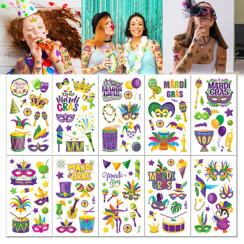 Konsait Mardi Gras Tattoos - 10 Sheets Glitter Mardi Gras Temporary Tattoos for kids Adults, Purple and Green Mardi Gras Makeup Tattoos, Assorted Style Mardi Gras Party Favors Mardi Gras Accessories