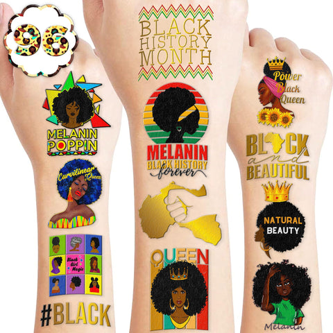 96 PCS Black Girl Magic Queen Stickers Blm Sticker Temporary Tattoos Theme Birthday Party Decorations Supplies Favors Decor Melanin Poppin Women Tattoo Gifts For Kids Adults Girls Boys Prizes Carnival