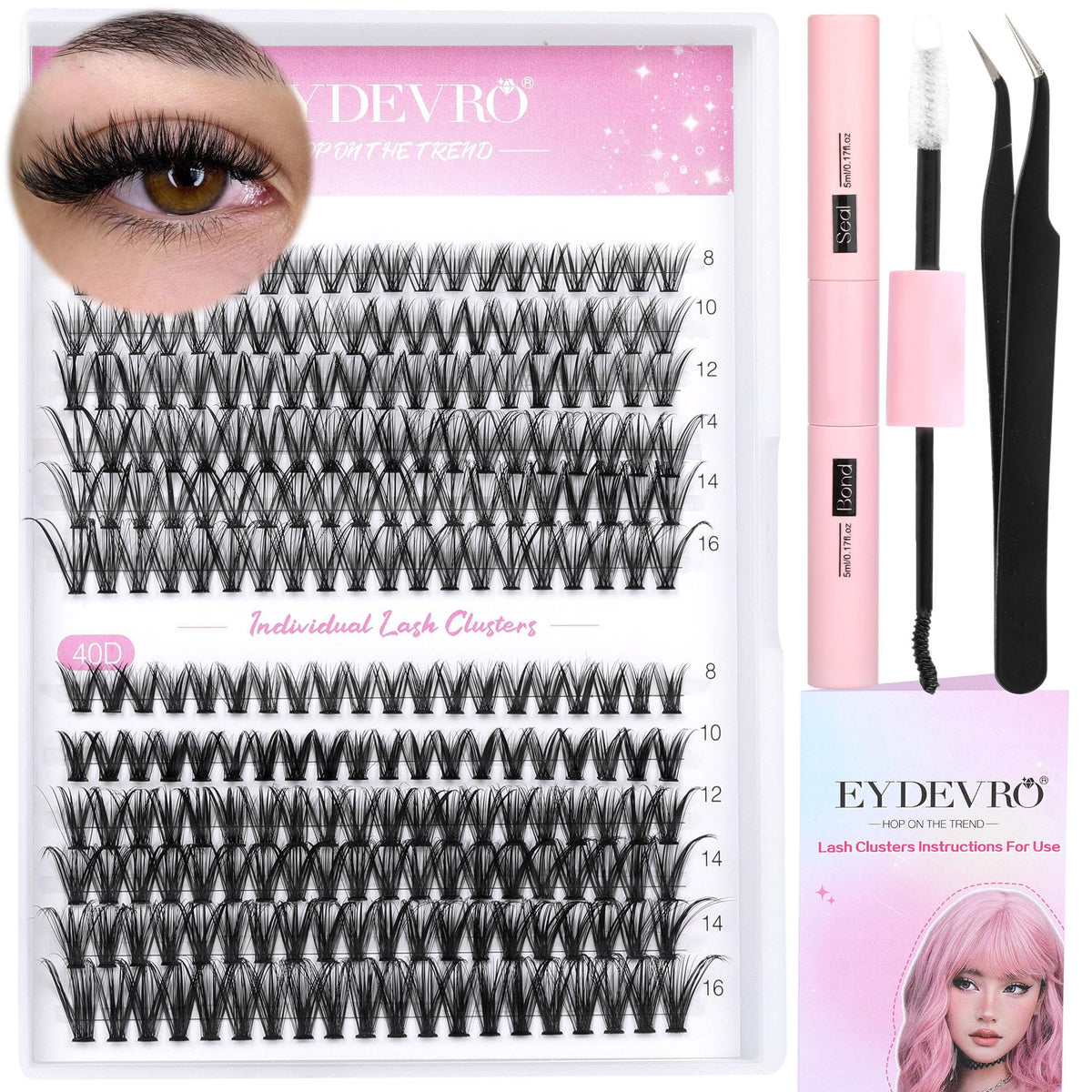 DIY Lash Clusters Eyelash Extension Kit 240 pcs 30D40D Individual Lashes with Lash Bond and Seal and Lash Applicator Tweezers D Curl 8-16mm Mixed Length Lashes by EYDEVRO