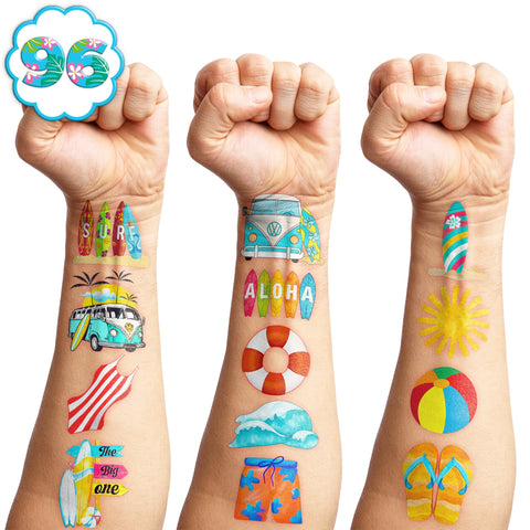 103PCS Summer Surfing Surf Temporary Tattoos Birthday Theme Party Decorations Favors Supplies Decor Cute Beach California Hawaiian Ocean Surfer Stickers Gifts for Kids Boys Girls Carnival Class Prizes