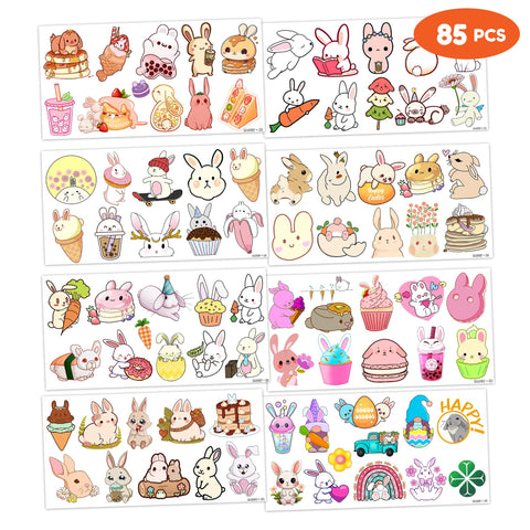 Bunny Temporary Tattoos 8 Sheets 85PCS Rabbit Bunny Party Decorations Favors Supplies Easter Bunny Theme Birthday Cute Tattoo Stickers Christmas Gifts for Boys Girls Kids Class School Prizes Carnival