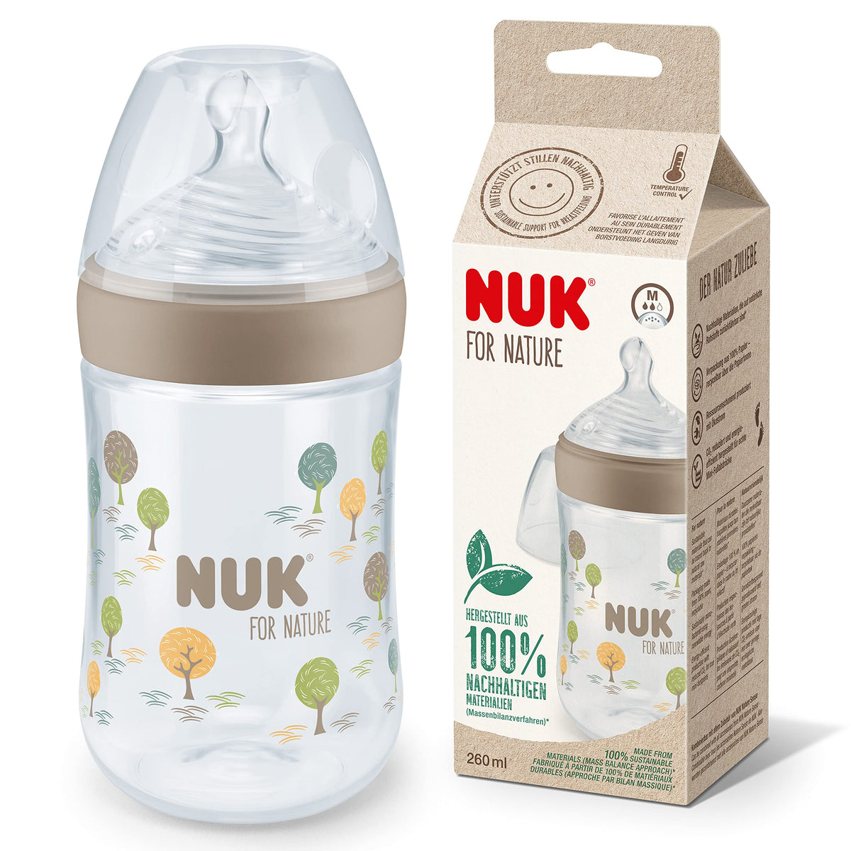 NUK for Nature Baby Bottle | Medium Teat | 260 ml | Breast-Like Sustainable Silicone Teat with Anti Colic Vent | Temperature Control | BPA-Free | Beige