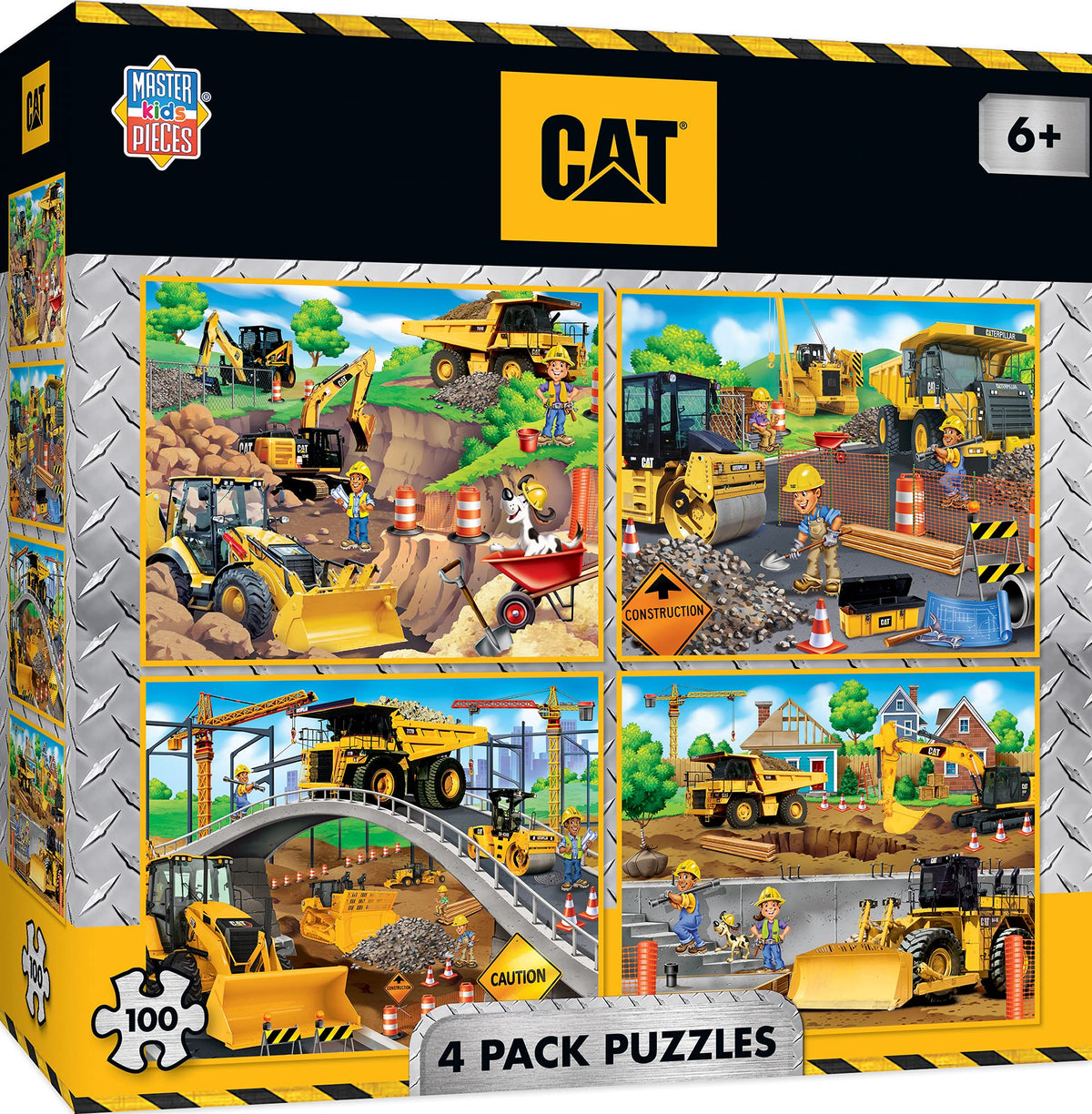 MasterPieces 4-Pack 100 Piece CAT Construction Caterpillar Jigsaw Puzzle Set for Kids - Screen-Free Fun - 8"x10"