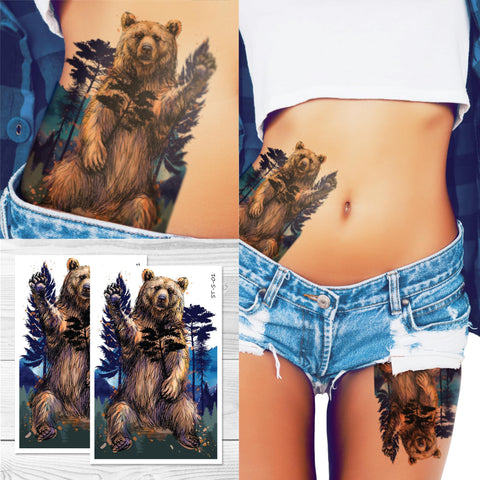 Supperb Large Temporary Tattoos - Watercolor Black Bear Forest Colorful Hand-drawn Wildlife Nature Tattoos (Set of 2)