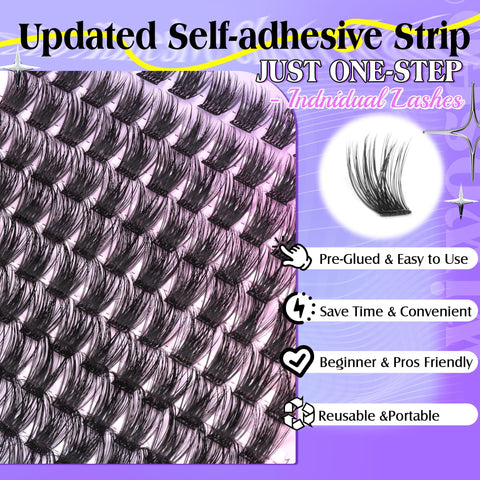 wiwoseo Self Adhesive Eyelashes Individual Lashes Pre Glued Cluster Eyelash Extensions Clear Band Self Adhesive Lashes Extension Russian Volome D Curl Lash Clusters Waterproof Eyelashes No Glue Needed