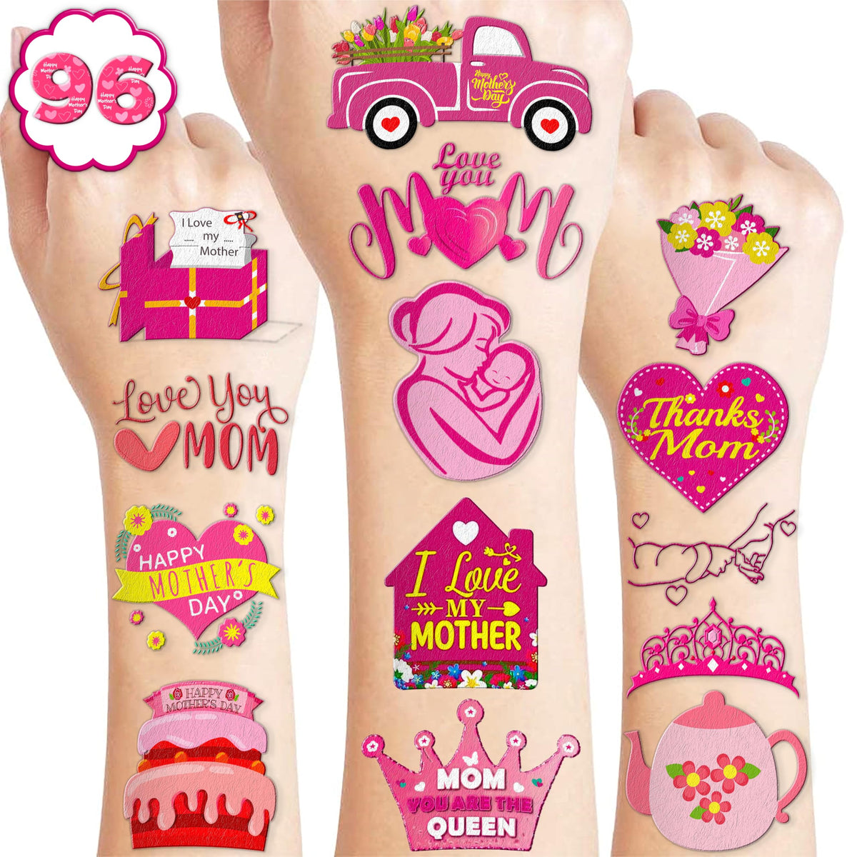 102 PCS Happy MotherÃ¢â‚¬â„¢s Mothers Day Temporary Tattoos Birthday Themed Party Decorations Supplies Favors Decor Cute Best Mom Ever Stickers Tattoo Gifts for Class Prizes Women Kids Boys Girls Carnival