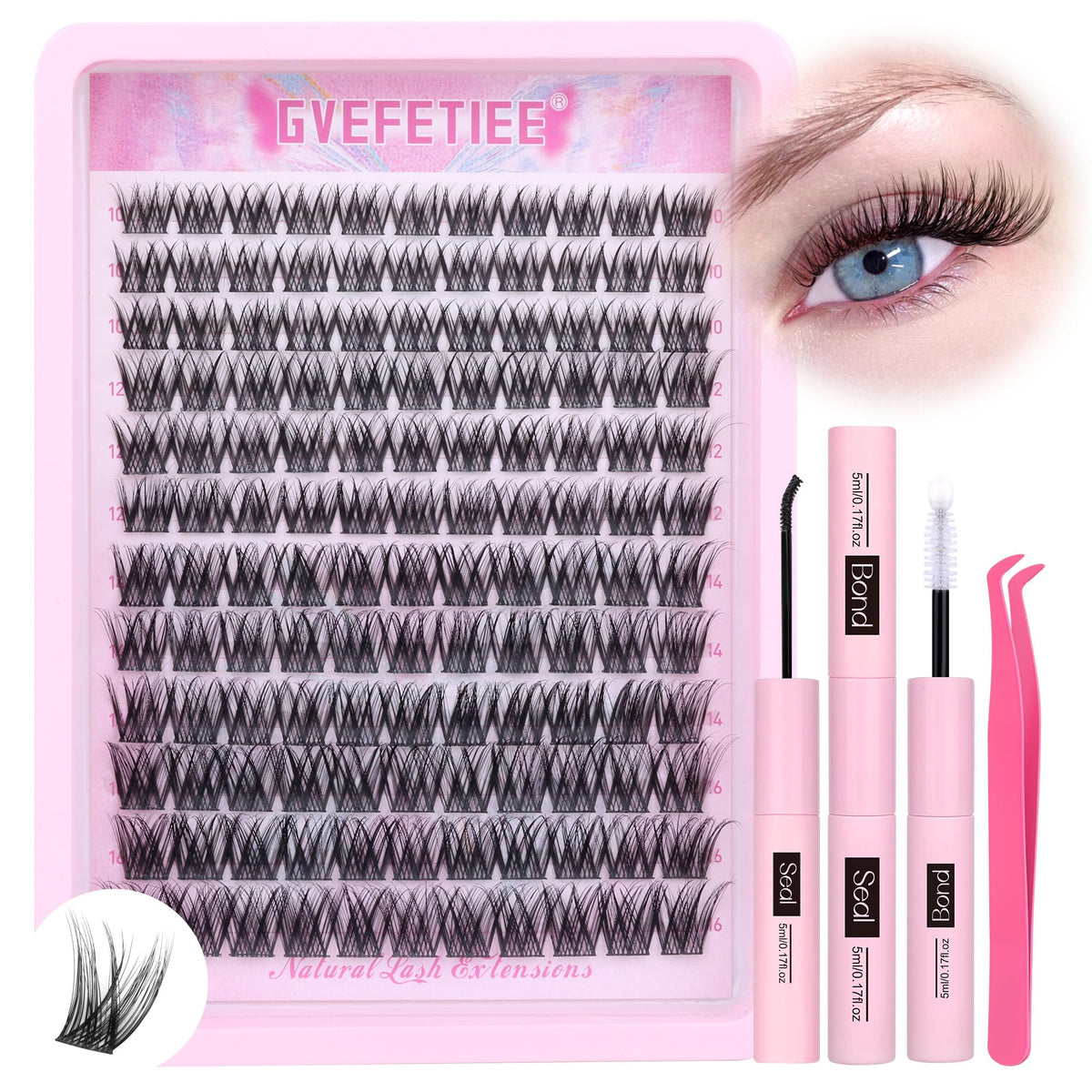 Natural Lash Clusters Kit Wispy Cluster Eyelash Extensions Kit C Curl Lash Extensions Kit Individual Lashes Kit with Lash Bond and Seal Tweezers DIY at Home by GVEFETIEE (C Curl, 10-16mm)