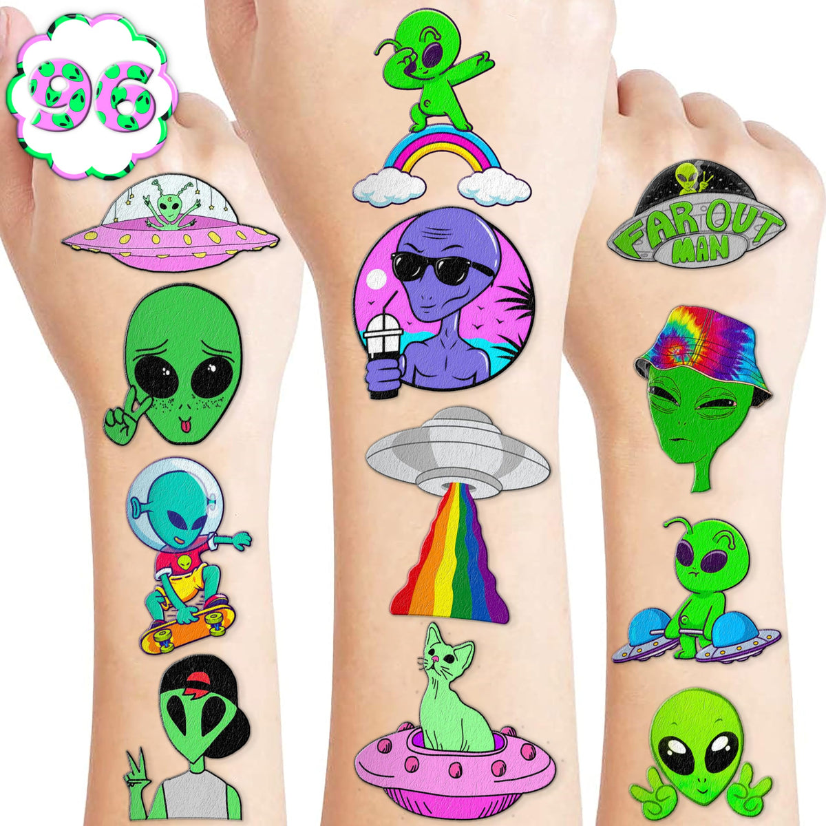 96PCS Cute Alien Temporary Tattoos Themed Birthday Party Decorations Supplies Favors Decor Funny Outer Space Galaxy Stickers Tattoo Gifts for Girls Boys School Prizes Carnival Halloween Christmas