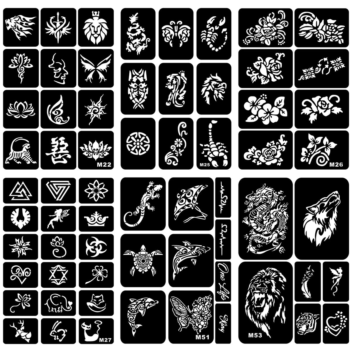 Temporary Henna Tattoo Stencil Kit - 6 Sheets, A4 Size, Animal and Floral Designs, Glitter Face and Body Paint Stencils for Kids, Teens, and Adults