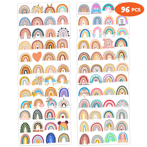 Boho Rainbow 1st Temporary Tattoos 8 Sheets 96PCS Rainbow Party Decorations Supplies Favors Boho Pastel Theme Birthday Cute Stickers Christmas Gifts for Boys Girls Class School Prizes Carnival