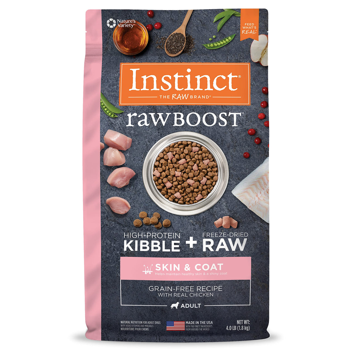 Instinct Raw Boost Skin & Coat Health Grain Free Recipe with Real Chicken Natural Dry Dog Food by Nature's Variety, 4 lb. Bag