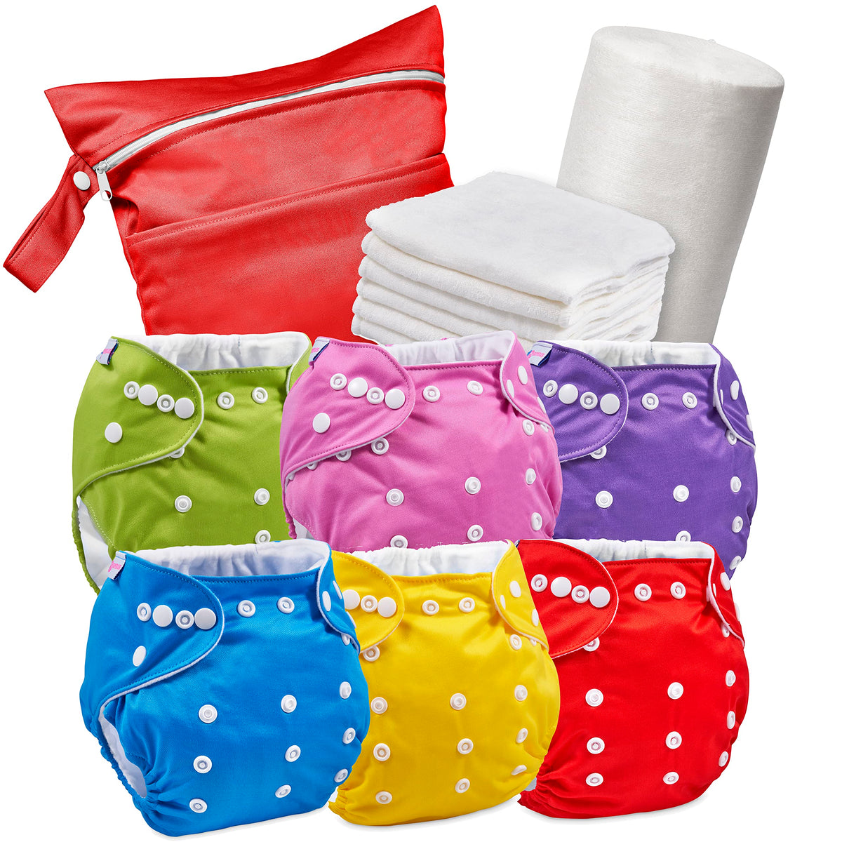 Reusable Nappies - Eco Friendly Chemical Free Cloth Nappies - 6 Washable Baby Diapers + Bamboo Nappy Inserts, 1 Roll of Biodegradable Nappy Liner, Wet Bag