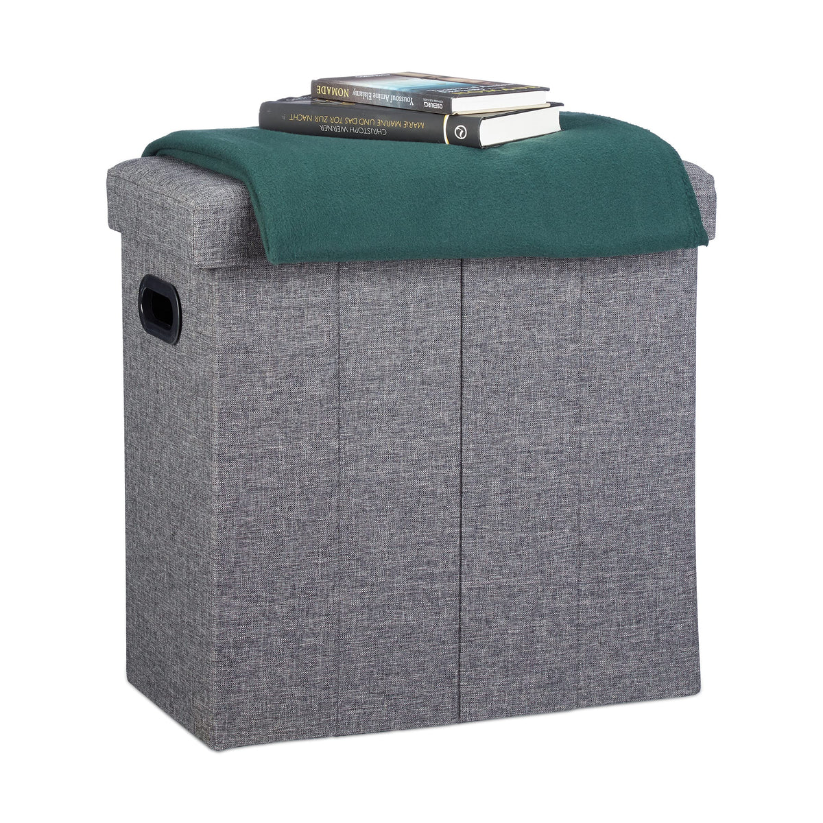 Relaxdays Folding Ottoman, HxWxD: 49.5 x 46 x 25.5 cm, with Storage, Foldable Footstool, Linen, Polyester, MDF, Dark Grey