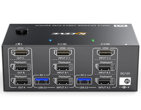 KVM Switch 3 Monitors 2 Computers 8K@60Hz 4K@144Hz, HDMI+2 Displayport KVM Switch Triple Monitor for 2 Computer Share 3 Monitor and 4 USB3.0 Port Keyboard Mouse,Wired Remote and 5 Cables Included