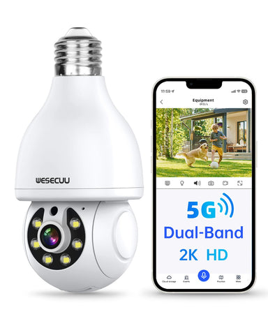 WESECUU Light Bulb Security Camera, 2.4G/5G WiFi Security Cameras Wireless Outdoor Indoor for Home Security, 2-Way Talk, Human Detection, Color Night Vision, Compatible with Alexa