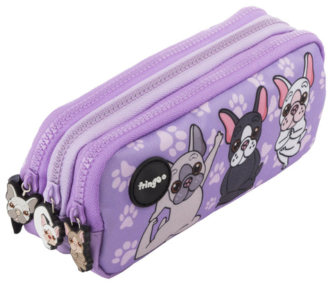 FRINGOO® 3 Compartment Pencil Case for Kids School Stationery Holder Funny Cute (French Dog Yoga - 3 Compartments)